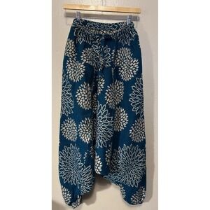 Wool Harem Drop Crotch Pants Blue White Floral Lotus Pants Made Nepal Women's XS